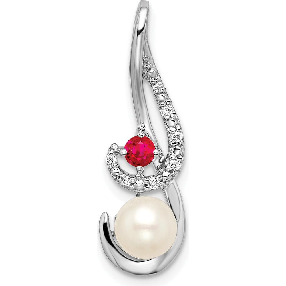 14K White Gold 6-7mm Freshwater Cultured Pearl, Ruby, and Diamond Pendant - 0.13 Carat Ruby, 0.013 Carat Diamond Weight by Monteluci Fine Jewelry