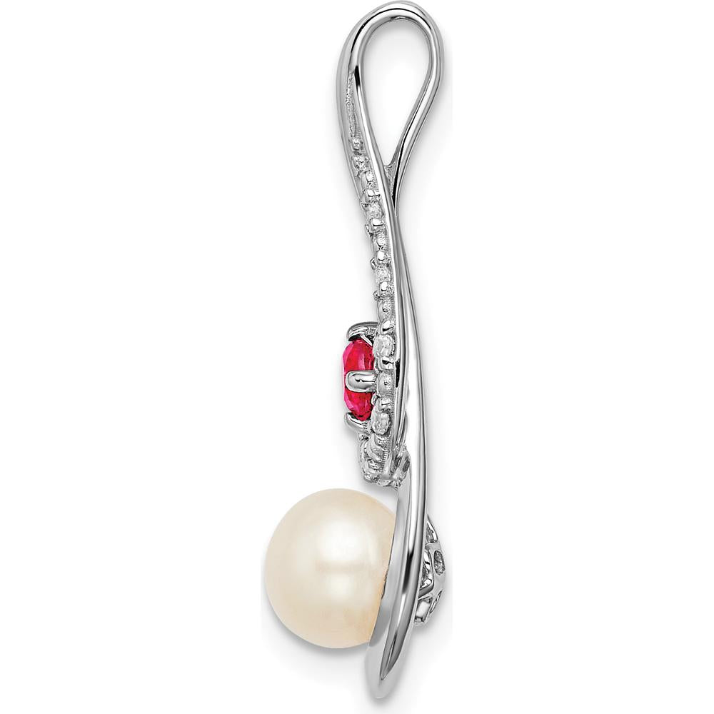 14K White Gold 6-7mm Freshwater Cultured Pearl, Ruby, and Diamond Pendant - 0.13 Carat Ruby, 0.013 Carat Diamond Weight by Monteluci Fine Jewelry