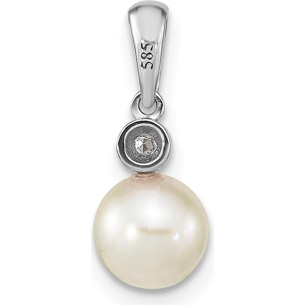 14K White Gold 6-7mm Round White Akoya Cultured Pearl and 0.05 Carat Diamond Pendant by Monteluci Fine Jewelry