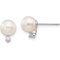 14K White Gold 6-7mm White Round Akoya Saltwater Cultured Pearl and Diamond Post Earrings - 0.06 Carat Total Diamond Weight by Monteluci Fine Jewelry
