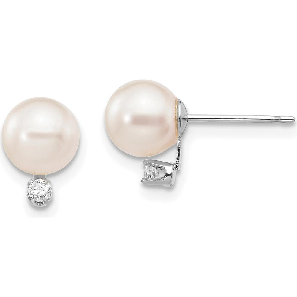 14K White Gold 6-7mm White Round Akoya Saltwater Cultured Pearl and Diamond Post Earrings - 0.06 Carat Total Diamond Weight by Monteluci Fine Jewelry