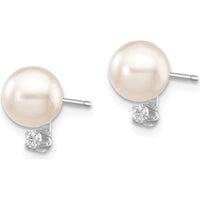 14K White Gold 6-7mm White Round Akoya Saltwater Cultured Pearl and Diamond Post Earrings - 0.06 Carat Total Diamond Weight by Monteluci Fine Jewelry