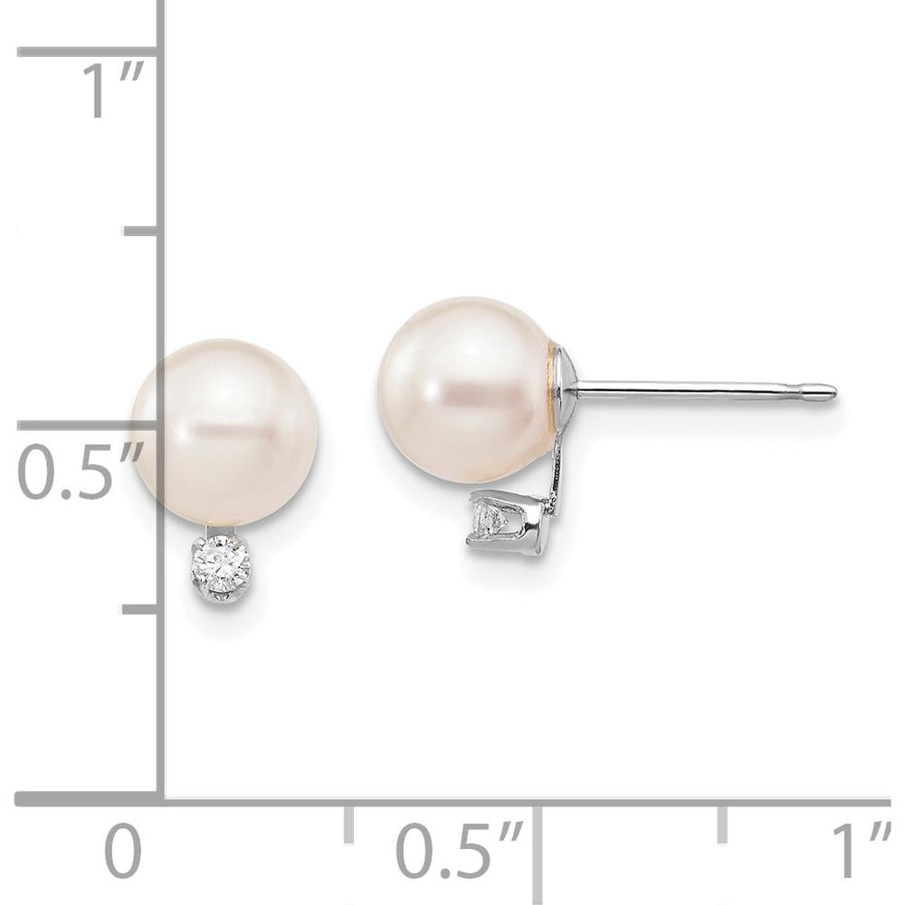 14K White Gold 6-7mm White Round Akoya Saltwater Cultured Pearl and Diamond Post Earrings - 0.06 Carat Total Diamond Weight by Monteluci Fine Jewelry