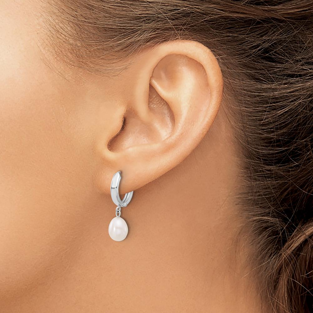 14K White Gold 6-7mm White Teardrop Freshwater Cultured Pearl Hoop Dangle Earrings by Monteluci Fine Jewelry