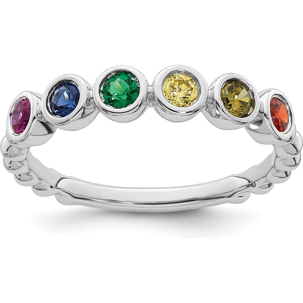 14K White Gold 6-Birthstone Mother's Ring with Round Cut Gemstones - Customizable Birthstones by Oro Pregiato