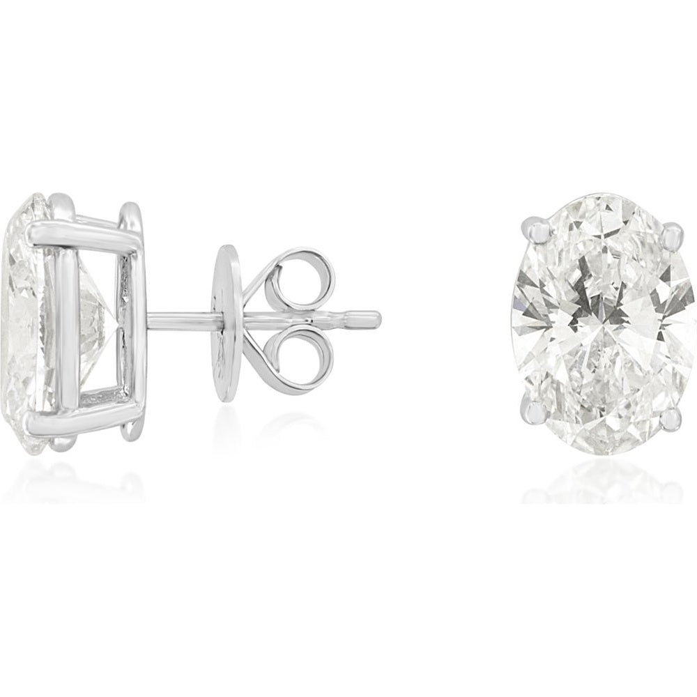14K White Gold 6 Carat Total Weight Oval Cut Lab Grown Diamond Stud Earrings with 4-Prong Basket Setting and Friction Backs - Royal Jewelry
