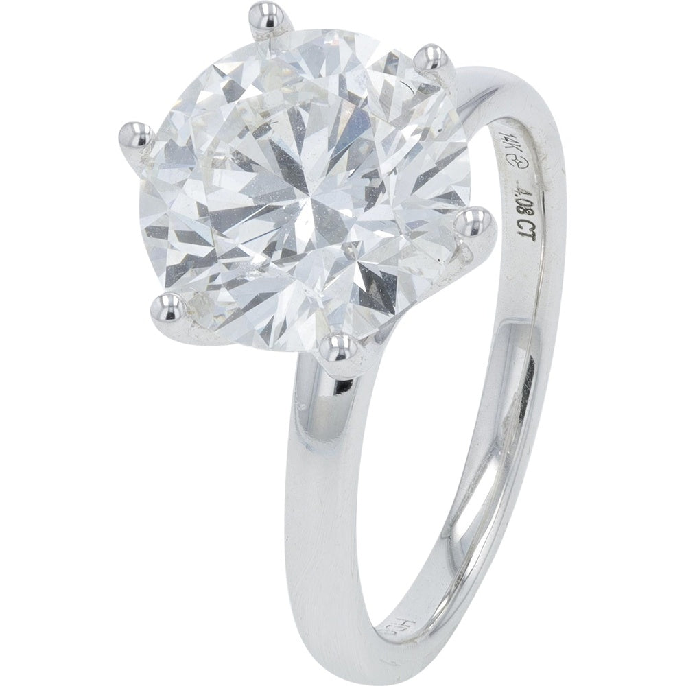 14K White Gold 6-Prong Round Lab-Grown Diamond Engagement Ring - 4.00 Carat Total Diamond Weight