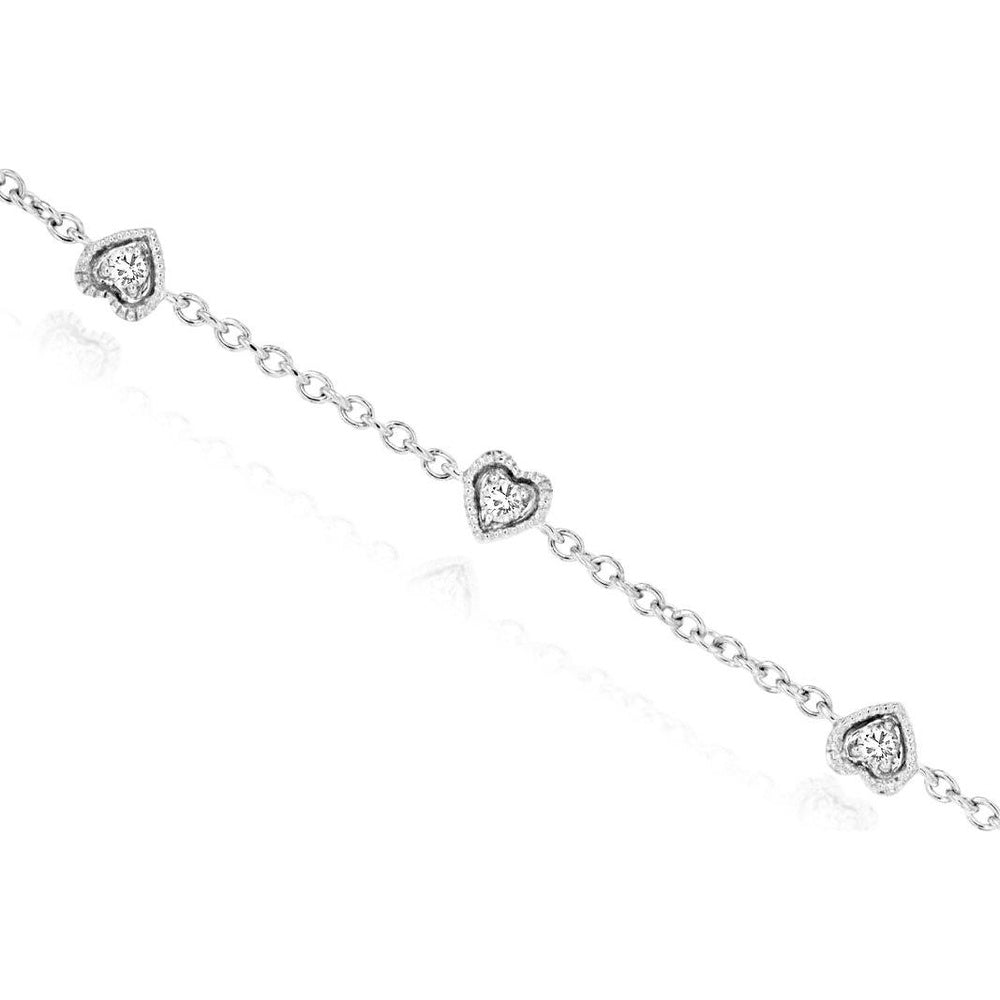 14K White Gold 6-Station Heart Bracelet with Milgrain Halo and Round Diamonds - 0.15 Carat Total Diamond Weight - Royal Jewelry