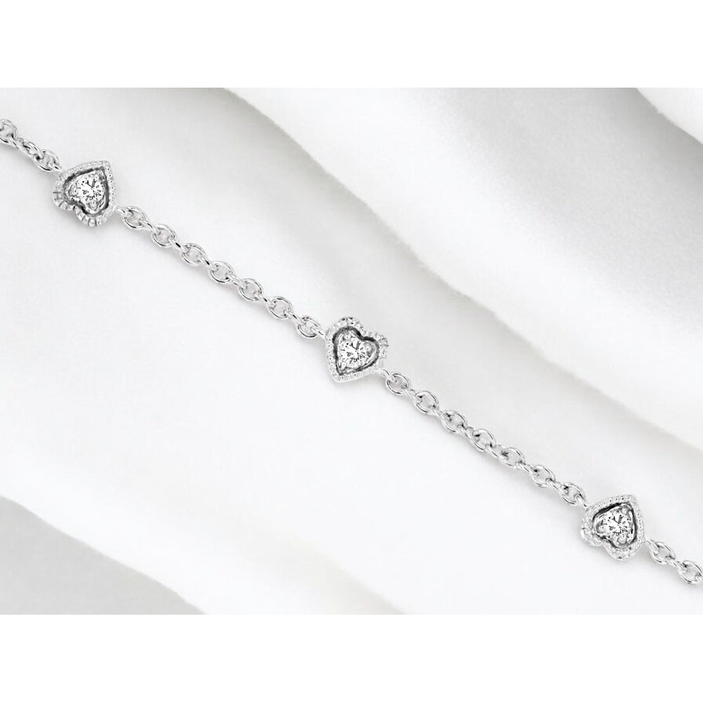 14K White Gold 6-Station Heart Bracelet with Milgrain Halo and Round Diamonds - 0.15 Carat Total Diamond Weight - Royal Jewelry