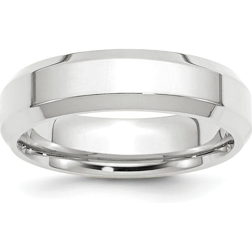 14K White Gold 6mm Beveled Edge Comfort Fit Wedding Band - Polished Rhodium Plated Design by 0