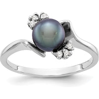 14K White Gold 6mm Black Freshwater Cultured Pearl and Diamond Ring with Round Faceted Diamonds - 0.01 Carat Total Diamond Weight by Monteluci Fine Jewelry