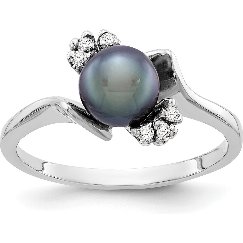 14K White Gold 6mm Black Freshwater Cultured Pearl and Diamond Ring with Round Faceted Diamonds - 0.01 Carat Total Diamond Weight by Monteluci Fine Jewelry