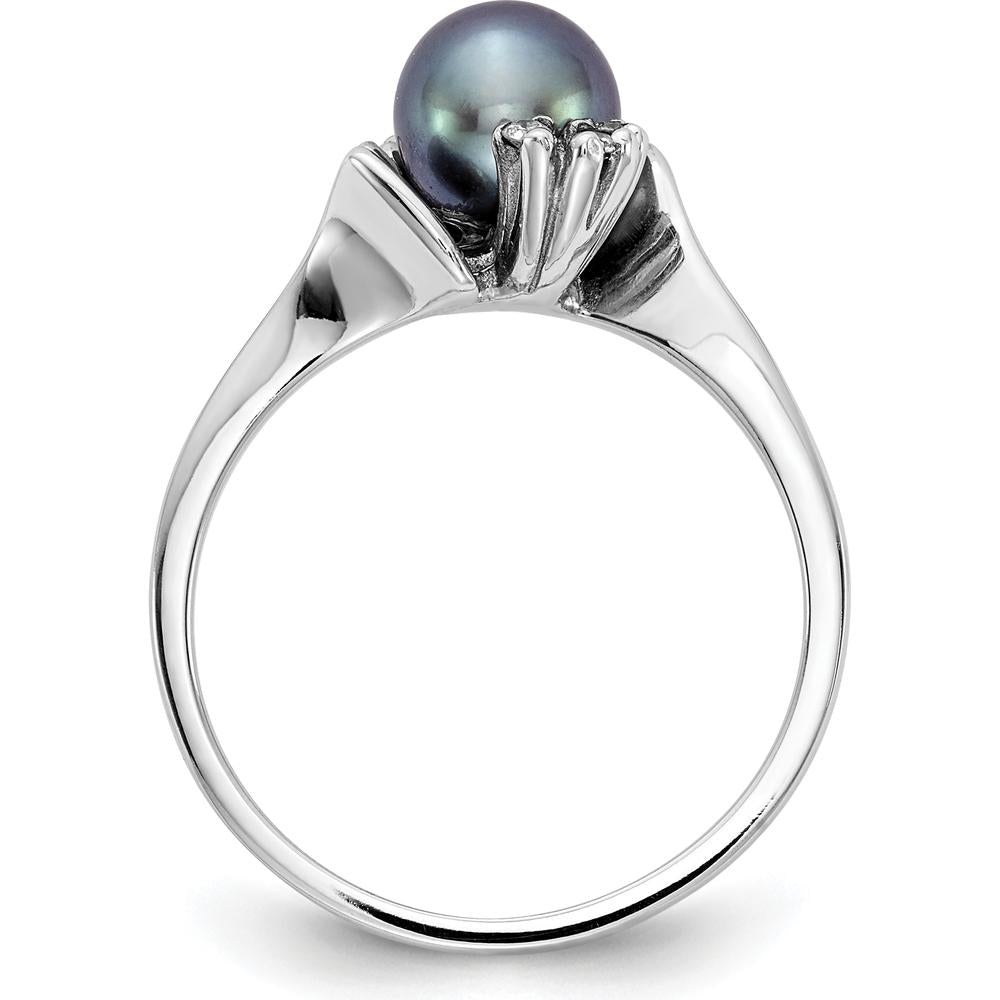 14K White Gold 6mm Black Freshwater Cultured Pearl and Diamond Ring with Round Faceted Diamonds - 0.01 Carat Total Diamond Weight by Monteluci Fine Jewelry