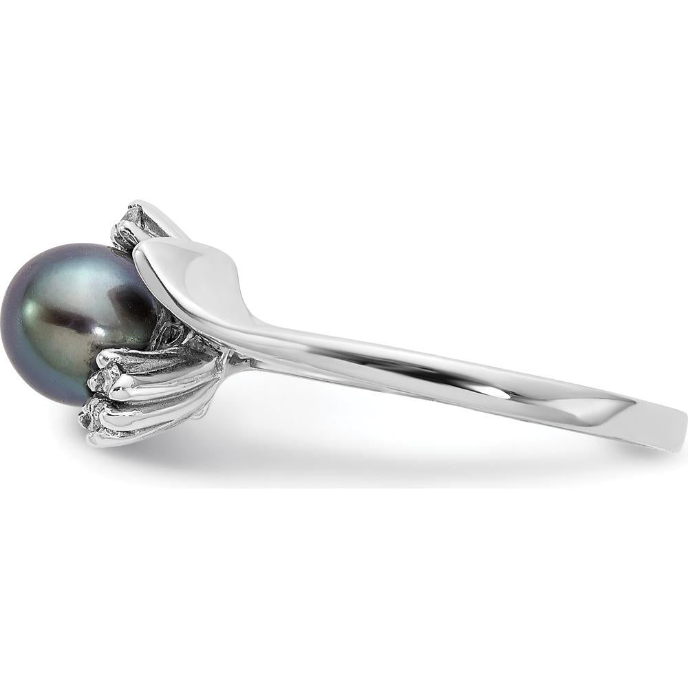 14K White Gold 6mm Black Freshwater Cultured Pearl and Diamond Ring with Round Faceted Diamonds - 0.01 Carat Total Diamond Weight by Monteluci Fine Jewelry