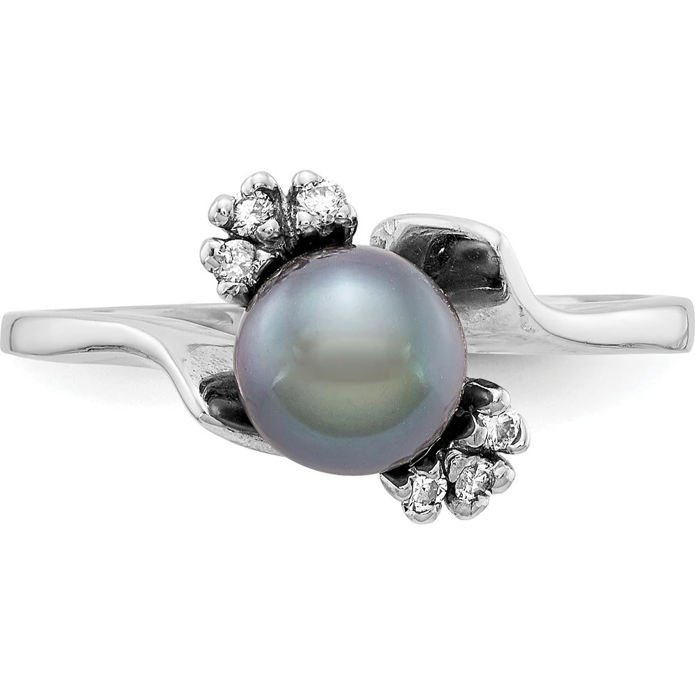 14K White Gold 6mm Black Freshwater Cultured Pearl and Diamond Ring with Round Faceted Diamonds - 0.01 Carat Total Diamond Weight by Monteluci Fine Jewelry