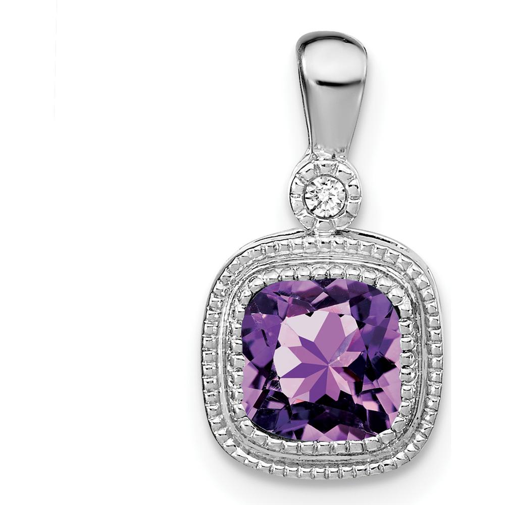 14K White Gold 6mm Cushion Amethyst and Diamond Pendant - 0.86 Carat Amethyst, 0.015 Carat Diamond by Lumare Gioia