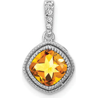 14K White Gold 6mm Cushion Citrine and Diamond Pendant with Beaded Edge and Round Diamonds - 0.05 Carat Total Diamond Weight by Lumare Gioia