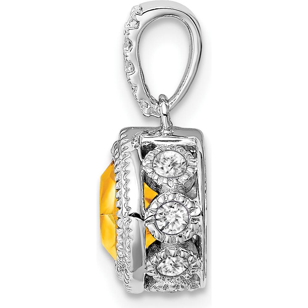 14K White Gold 6mm Cushion Citrine and Diamond Pendant with Beaded Edge and Round Diamonds - 0.05 Carat Total Diamond Weight by Lumare Gioia