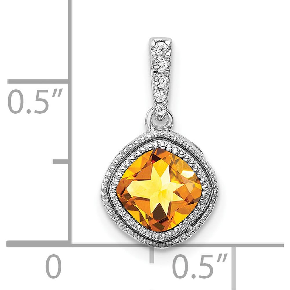 14K White Gold 6mm Cushion Citrine and Diamond Pendant with Beaded Edge and Round Diamonds - 0.05 Carat Total Diamond Weight by Lumare Gioia