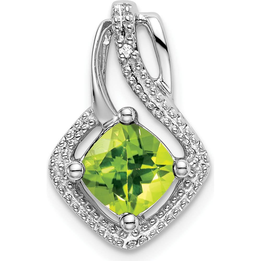 14K White Gold 6mm Cushion Peridot and Diamond Pendant - 0.73 Carat Peridot, 0.005 Carat Diamond by Lumare Gioia