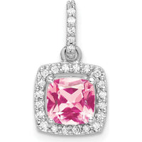 14K White Gold 6mm Cushion Pink Tourmaline and Diamond Halo Pendant - 1.25 Carat Pink Tourmaline, 0.13 Carat Total Diamond Weight by Oro Pregiato