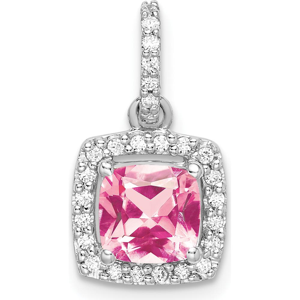 14K White Gold 6mm Cushion Pink Tourmaline and Diamond Halo Pendant - 1.25 Carat Pink Tourmaline, 0.13 Carat Total Diamond Weight by Oro Pregiato