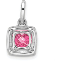 14K White Gold 6mm Cushion Pink Tourmaline and Diamond Halo Pendant - 1.25 Carat Pink Tourmaline, 0.13 Carat Total Diamond Weight by Oro Pregiato
