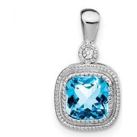 14K White Gold 6mm Cushion Swiss Blue Topaz and Round Diamond Pendant - 1.11 Carat Total Gemstone Weight by Lumare Gioia