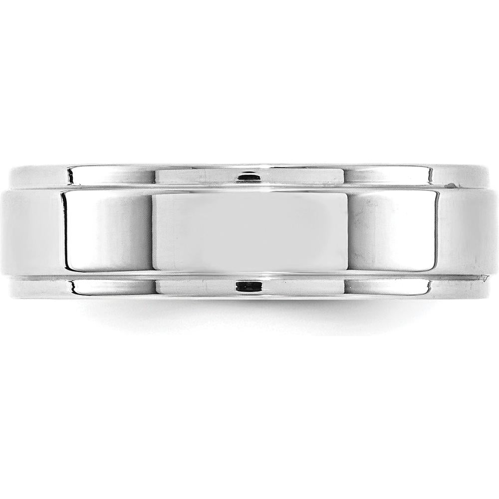 14K White Gold 6mm Flat Wedding Band with Step Down Edge - Size 8 by Luciano & Cie