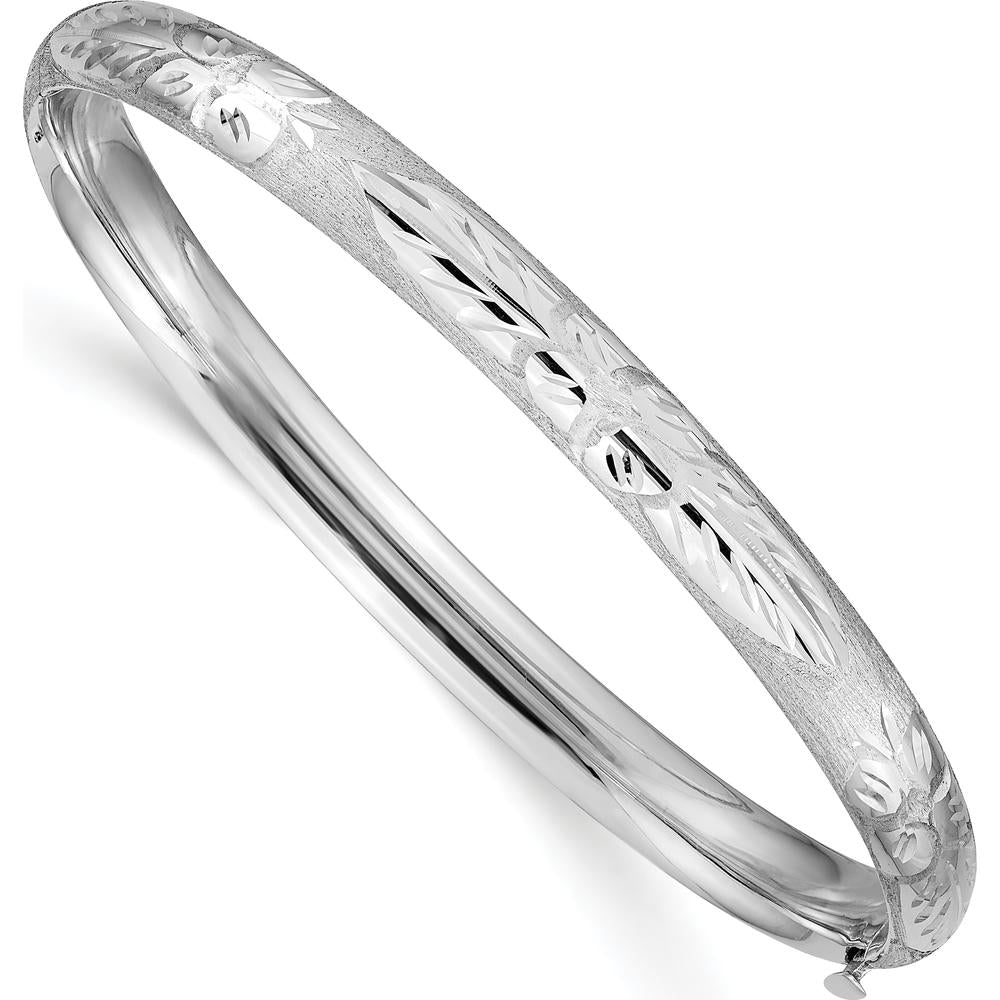 14K White Gold 6mm Florentine Engraved Hinged Bangle Bracelet with Diamond-Cut Texture by 0