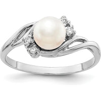 14K White Gold 6mm Freshwater Cultured Pearl and Diamond Ring with 4 Round Diamonds - 0.048 Carat Total Diamond Weight by Monteluci Fine Jewelry