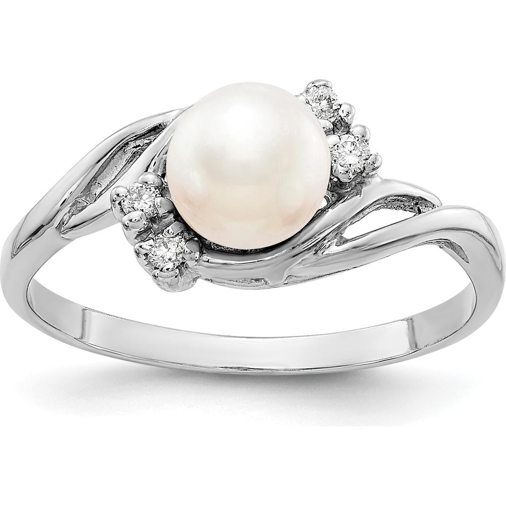 14K White Gold 6mm Freshwater Cultured Pearl and Diamond Ring with 4 Round Diamonds - 0.048 Carat Total Diamond Weight by Monteluci Fine Jewelry