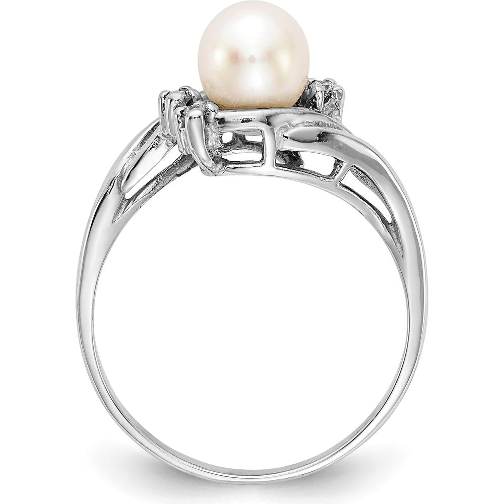 14K White Gold 6mm Freshwater Cultured Pearl and Diamond Ring with 4 Round Diamonds - 0.048 Carat Total Diamond Weight by Monteluci Fine Jewelry