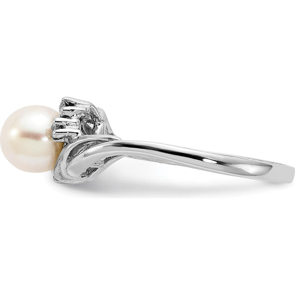 14K White Gold 6mm Freshwater Cultured Pearl and Diamond Ring with 4 Round Diamonds - 0.048 Carat Total Diamond Weight by Monteluci Fine Jewelry