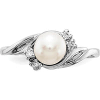 14K White Gold 6mm Freshwater Cultured Pearl and Diamond Ring with 4 Round Diamonds - 0.048 Carat Total Diamond Weight by Monteluci Fine Jewelry