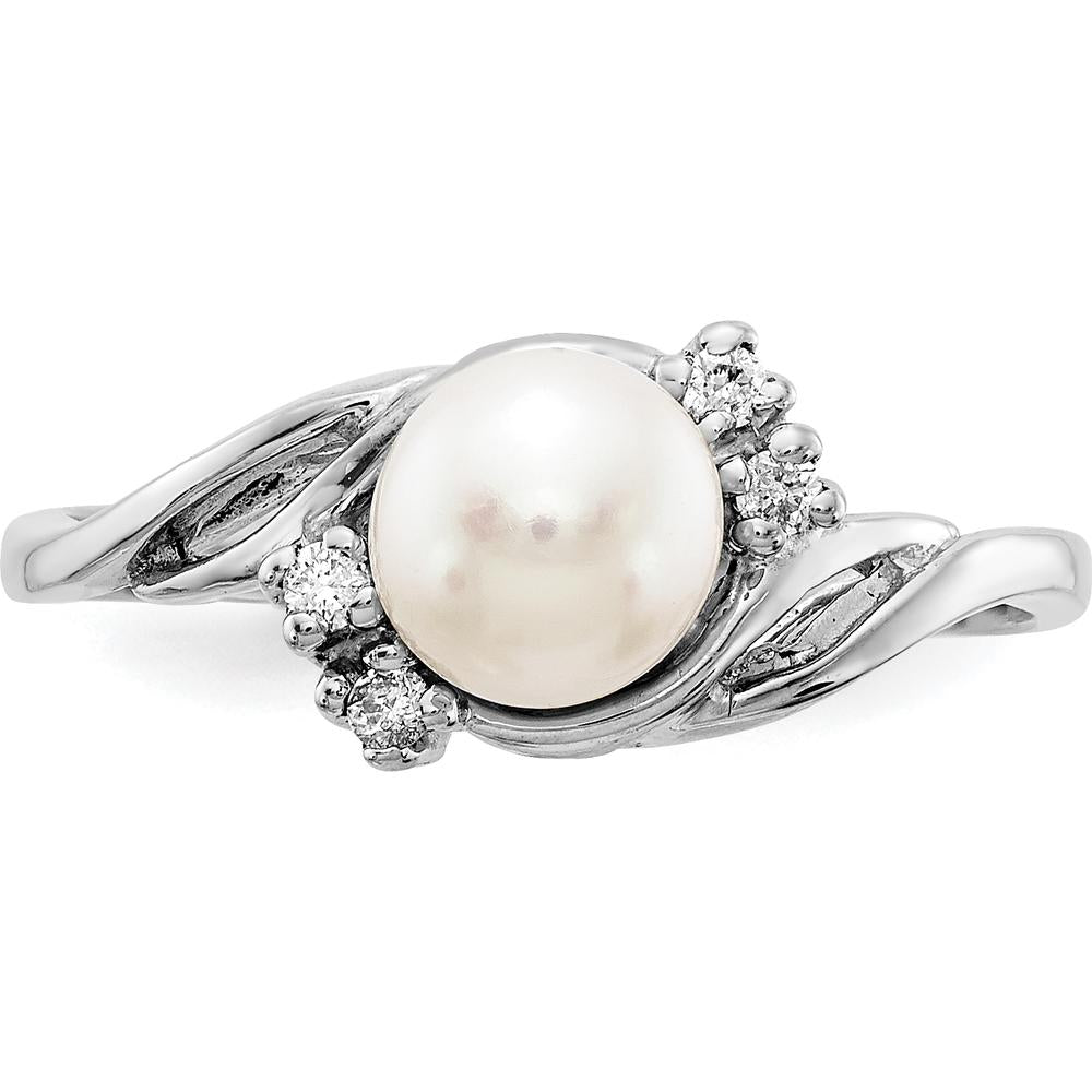 14K White Gold 6mm Freshwater Cultured Pearl and Diamond Ring with 4 Round Diamonds - 0.048 Carat Total Diamond Weight by Monteluci Fine Jewelry