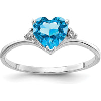 14K White Gold 6mm Heart-Shaped Swiss Blue Topaz Ring with Round Diamonds - 1.065 Carat Total Gemstone Weight by Monteluci Fine Jewelry