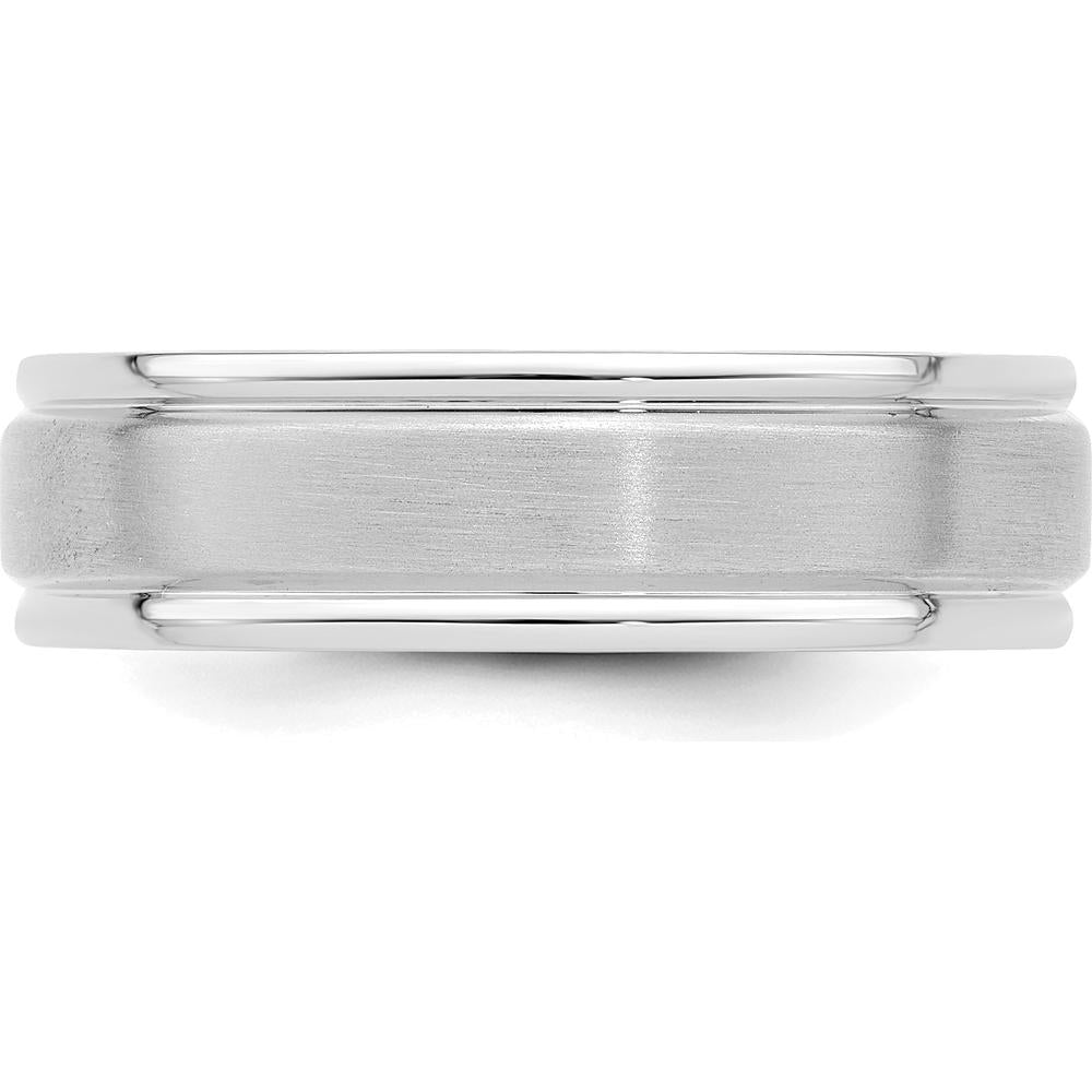 14K White Gold 6mm Heavyweight Comfort Fit Brushed Satin/Polished Grooved Edge Wedding Band - Size 10.5 by 0