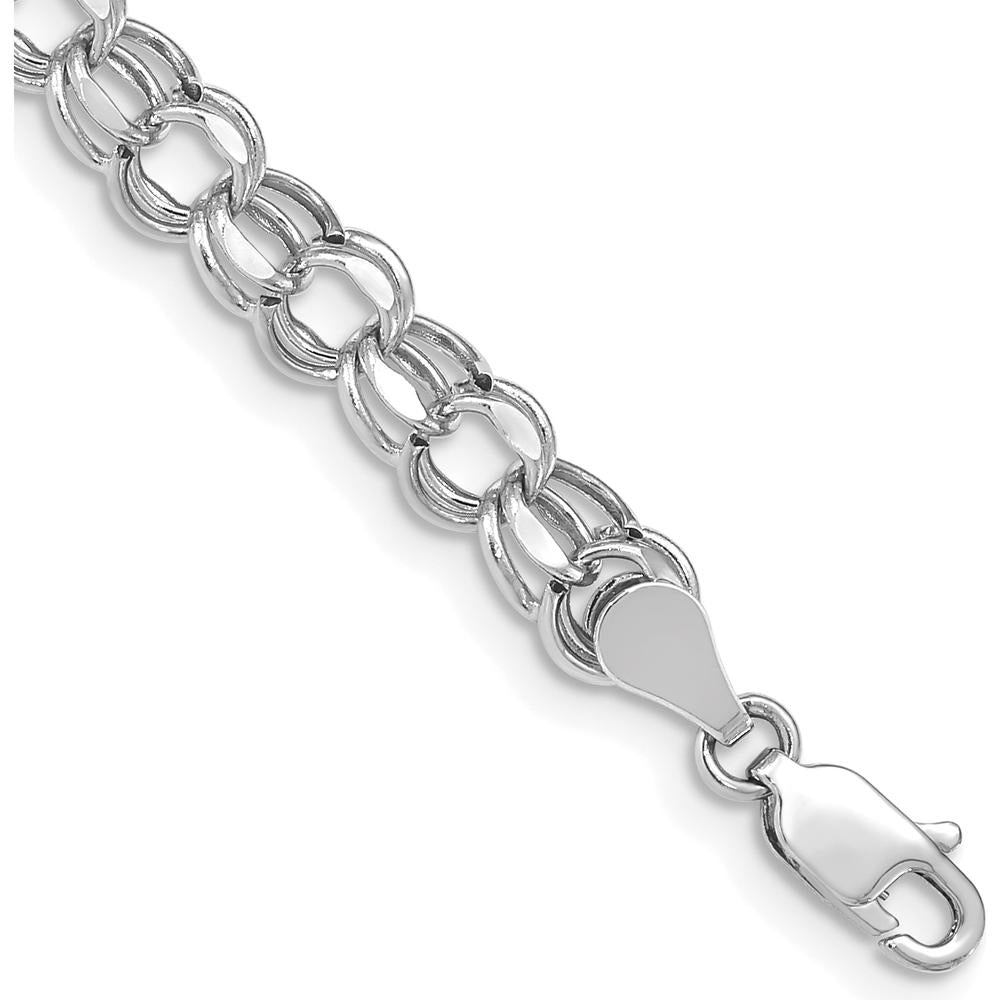 14K White Gold 6mm Hollow Diamond-Cut Double Link Charm Bracelet - Polished Rhodium Finish - 8" Length by Oro Pregiato