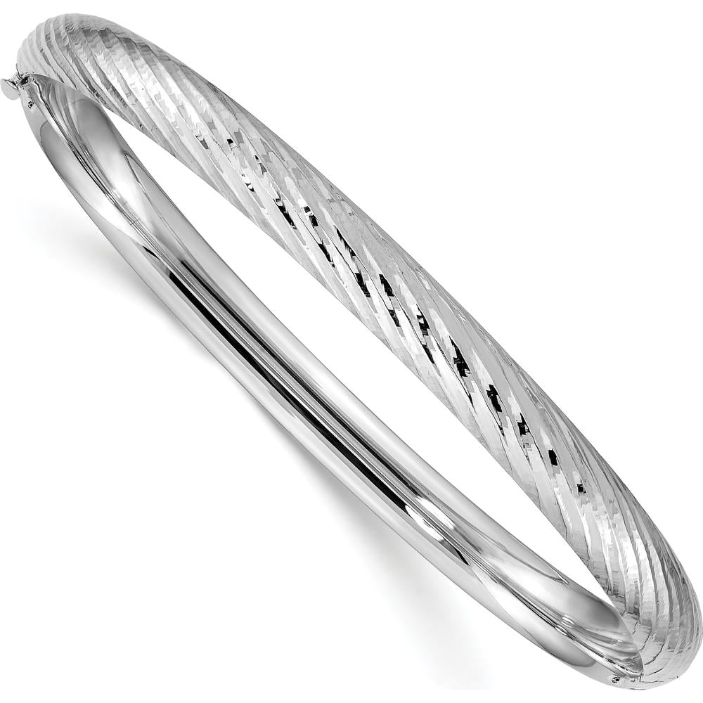 14K White Gold 6mm Polished Textured Hinged Oval Bangle Bracelet by Oro Pregiato