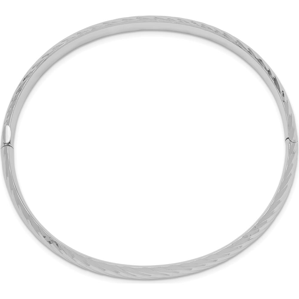 14K White Gold 6mm Polished Textured Hinged Oval Bangle Bracelet by Oro Pregiato