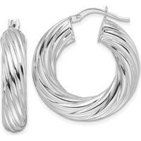 14K White Gold 6mm Polished Twisted Hollow Round Hoop Earrings - Rhodium Plated by 0