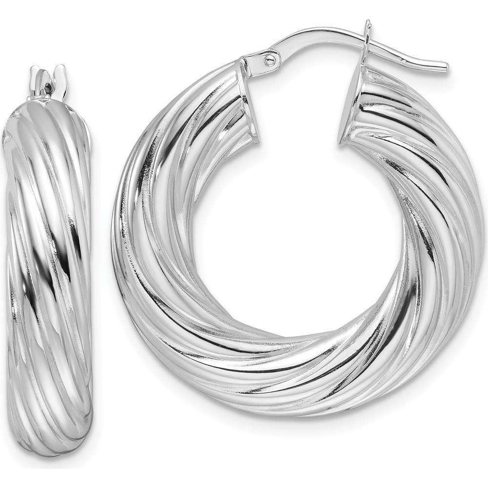 14K White Gold 6mm Polished Twisted Hollow Round Hoop Earrings - Rhodium Plated by 0