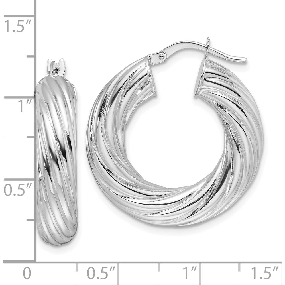 14K White Gold 6mm Polished Twisted Hollow Round Hoop Earrings - Rhodium Plated by 0