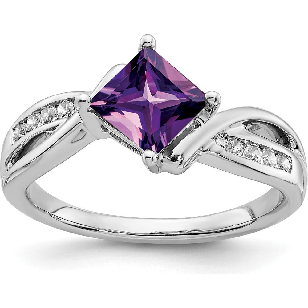 14K White Gold 6mm Princess Cut Amethyst and Diamond Ring - 1.02 Carat Amethyst, 0.12 Carat Diamonds by 0