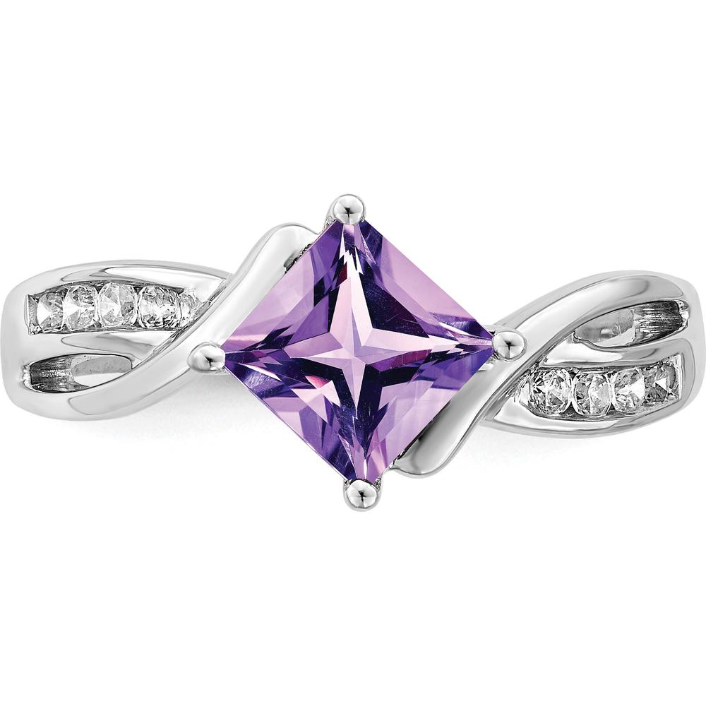 14K White Gold 6mm Princess Cut Amethyst and Diamond Ring - 1.02 Carat Amethyst, 0.12 Carat Diamonds by 0