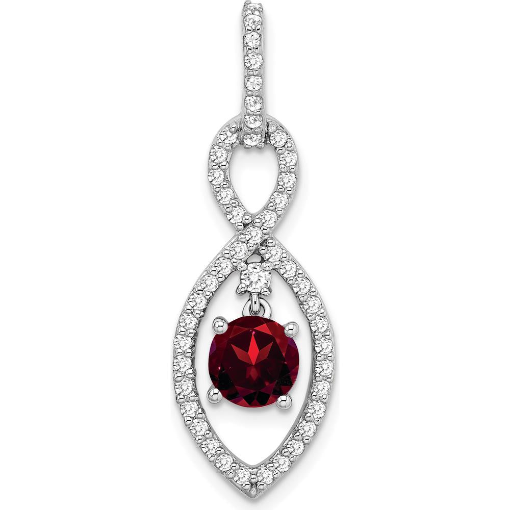 14K White Gold 6mm Round Garnet and Diamond Dangle Pendant with 45 Round Diamonds - 0.8 Carat Garnet, 0.04 Carat Total Diamond Weight by Lumare Gioia