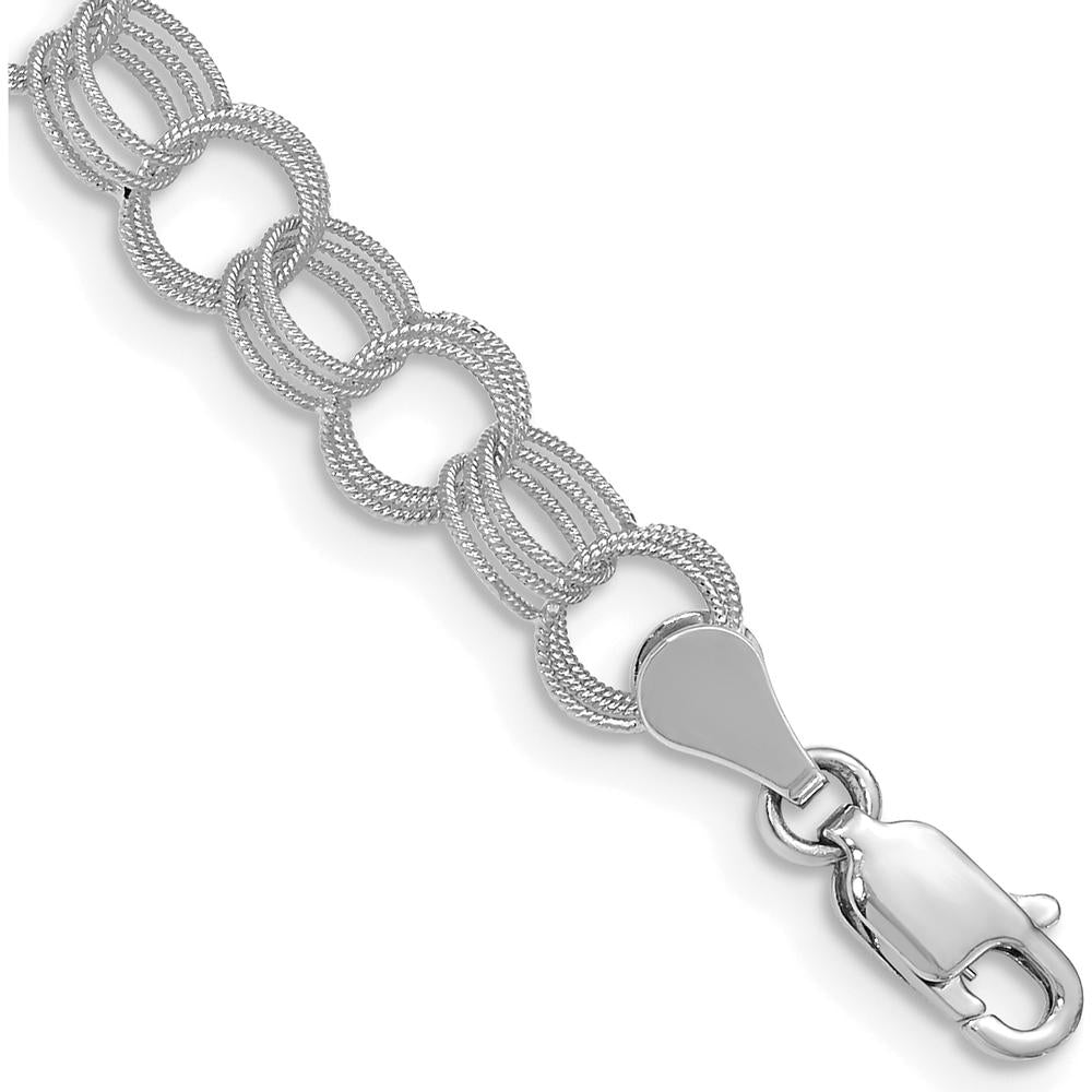 14K White Gold 6mm Solid Textured Triple Link Charm Bracelet - 7 inches by Oro Pregiato
