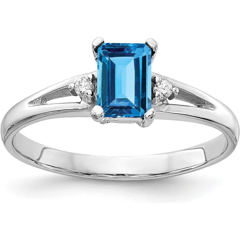 14K White Gold 6x4mm Emerald Cut Swiss Blue Topaz and Diamond Ring - 0.7 Carat Total Gem Weight by Monteluci Fine Jewelry