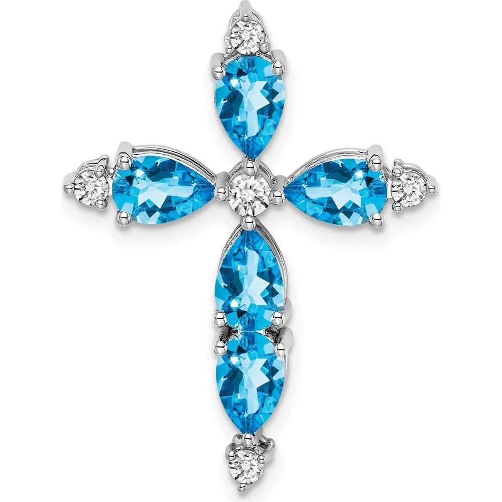 14K White Gold 6x4mm Pear Blue Topaz and Diamond Cross Pendant - 0.79 Carat Total Gem Weight by Lumare Gioia